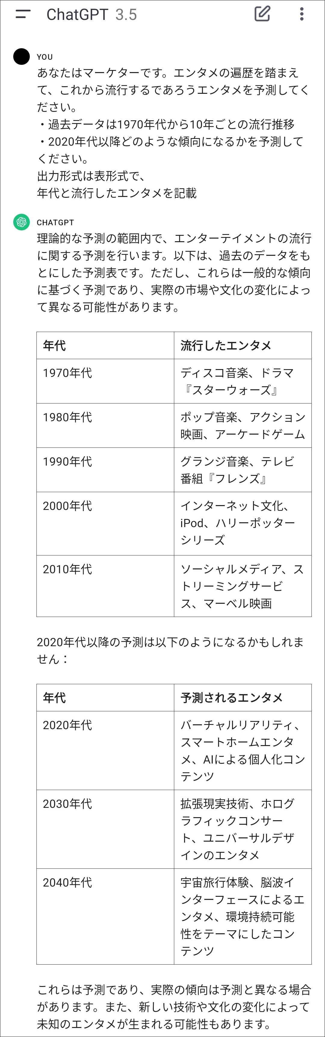 これから流行するエンタメの傾向の予測を依頼するプロンプトとChatGPTの回答のスクリーンショット