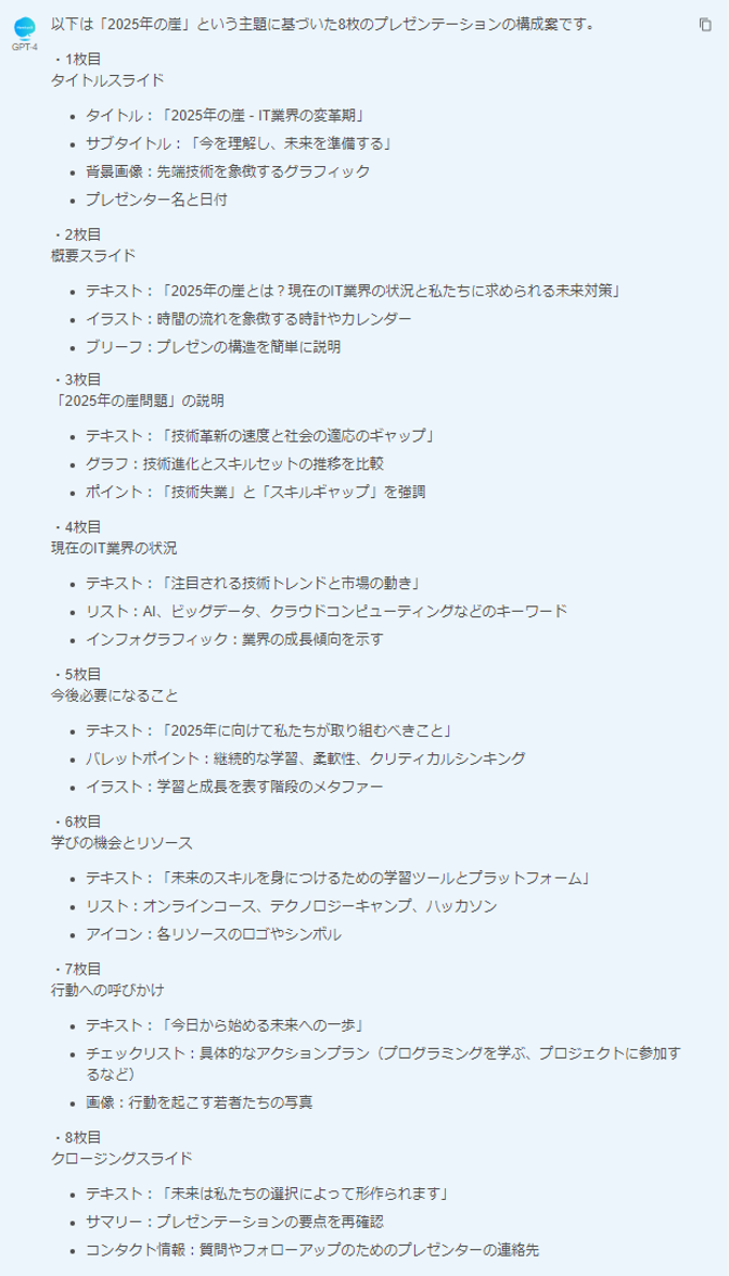 ChatGPTが出力したスライド構成のスクリーンショット
