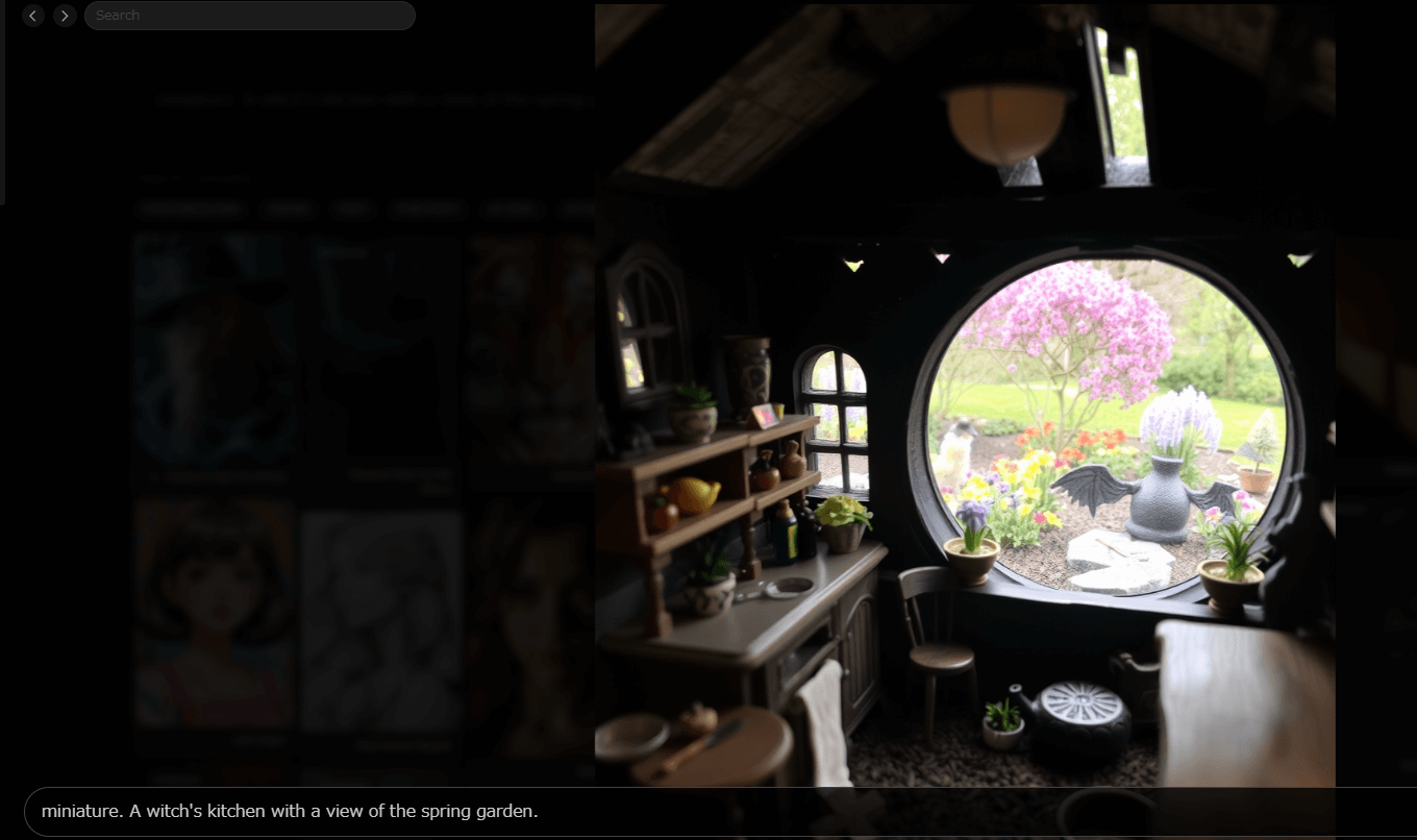 3.Mage_miniature. A witch's kitchen with a view of the spring garden