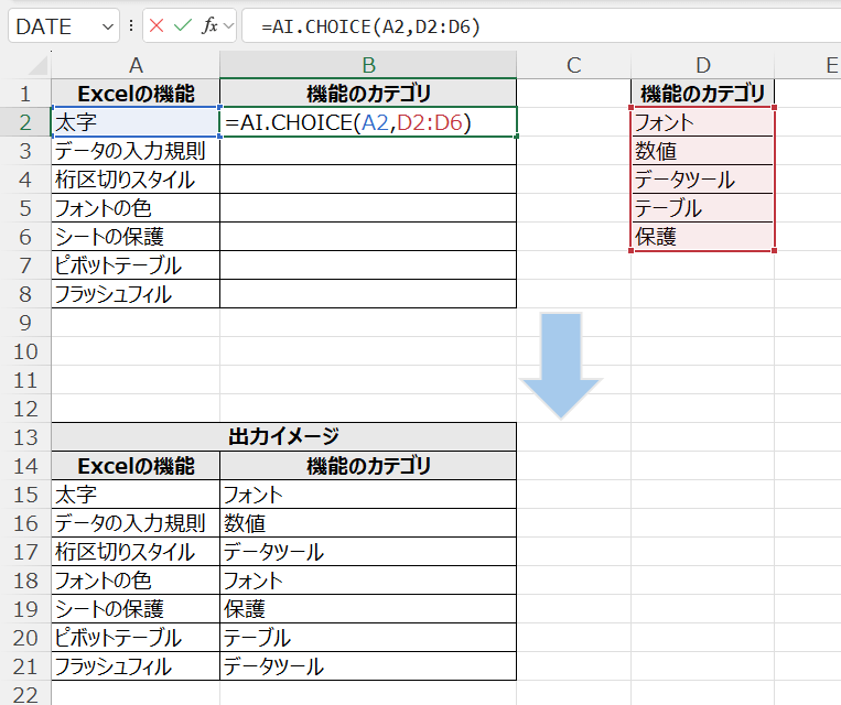 AI.CHOICE関数の構文と出力結果を表すスクリーンショット