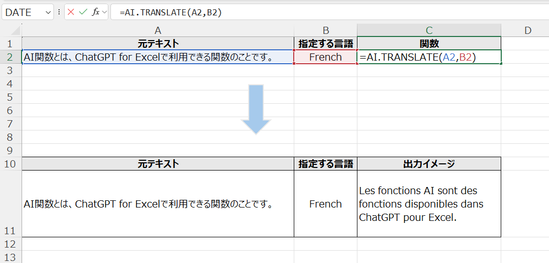 AI.TRANSLATE関数の構文と出力結果を表すスクリーンショット